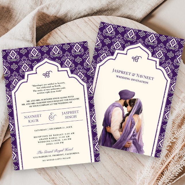 Lila Ivory Ikat Punjabi Anand Karaj Sikh Wedding Einladung (Von Creator hochgeladen)