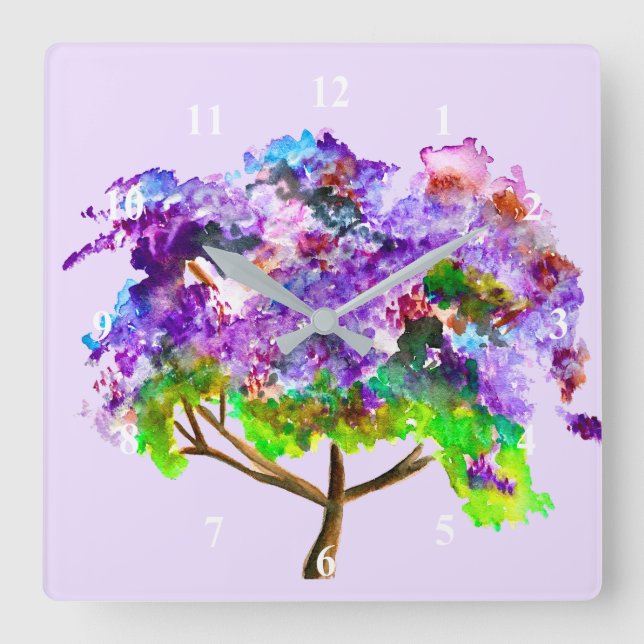Lila Jacaranda-Baum Wasserfarben Quadratische Wanduhr (Vorderseite)