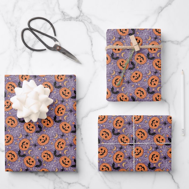 Lila Jack-O-Lantern Halloween-Muster Geschenkpapier Set (Vorderseite)