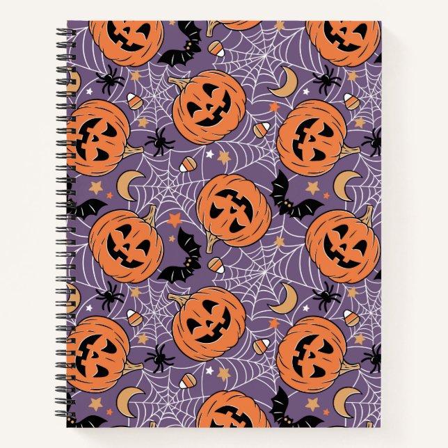 Lila Jack-O-Lantern Halloween-Muster Notizbuch (Vorderseite)