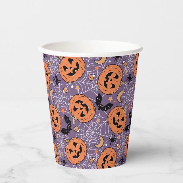 Lila Jack-O-Lantern Halloween-Muster Pappbecher (Vorderseite)