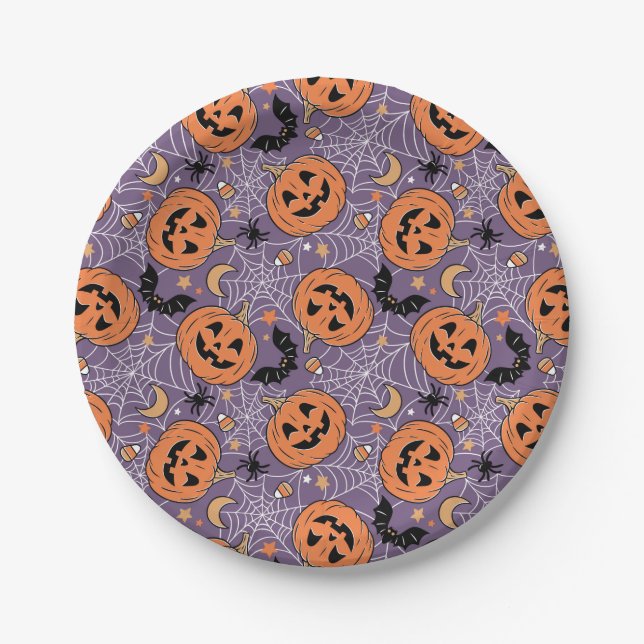 Lila Jack-O-Lantern Halloween-Muster Pappteller (Vorderseite)