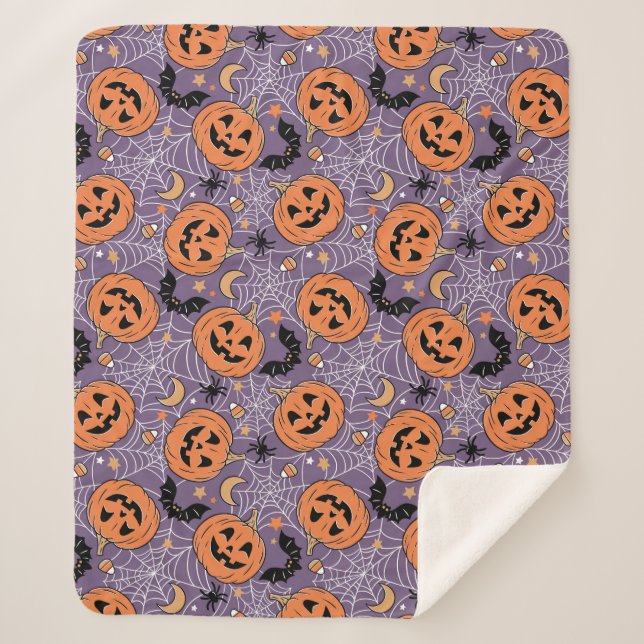 Lila Jack-O-Lantern Halloween-Muster Sherpadecke (Vorderseite)