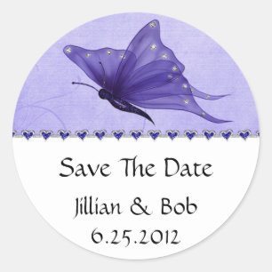 Lila Jewel Hearts Lila Butterfly Save the Date Runder Aufkleber