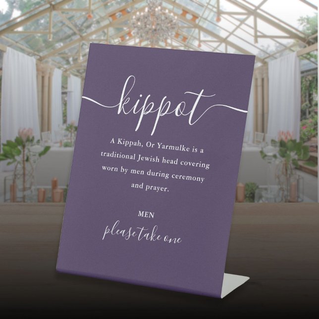 Lila jüdische Hochzeit Kippot Script Yarmulke Sockelschild (Purple Jewish Wedding Kippot Script Yarmulke Pedestal Sign)