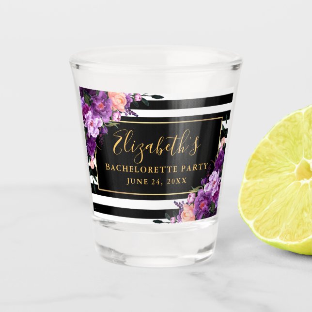 Lila Junggeselinnen-Abschied mit Streifen Schnapsglas (Vorderseite)