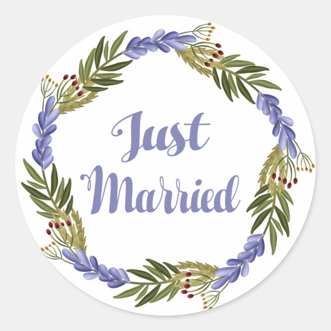 Lila Just Married Lavender Floral Wedding Runder Aufkleber (Vorderseite)