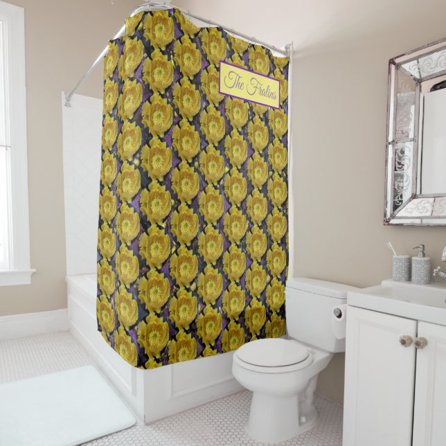 Lila Kakteen-Pantolblumen Duschvorhang (Beispiel)