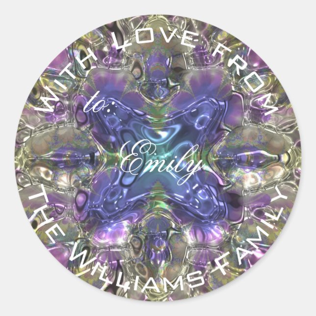Lila kaleidoskopisches Design Elegante Geschenkmar Runder Aufkleber (Vorderseite)