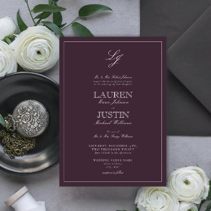 Lila Kalligraphie-Monogramm-Hochzeit Einladung