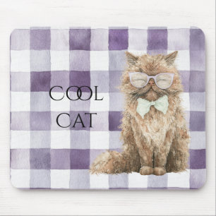 Lila Karierte Streifen Braune Coole Katzenbrille Mousepad
