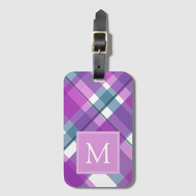 Lila Kariertes Monogramm Gepäckanhänger (Vorderseite Vertikal)