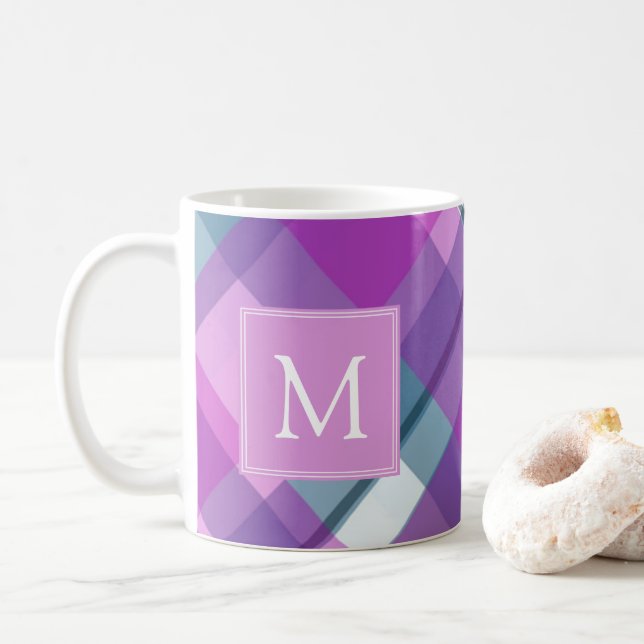 Lila Kariertes Monogramm Kaffeetasse (Mit Donut)