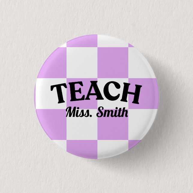 Lila Karo Lehrerin Lehrer Pin Button (Vorderseite)