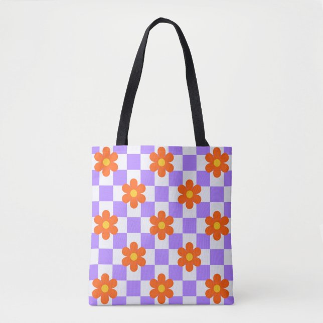 Lila Karo-Muster mit orangefarbener Hippie-Blume (Vorderseite)