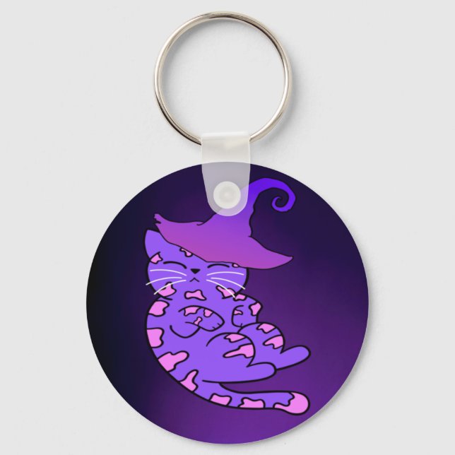 Lila Kätzchen mit Hexenhüten und Sternen Schlüsselanhänger (Vorderseite)