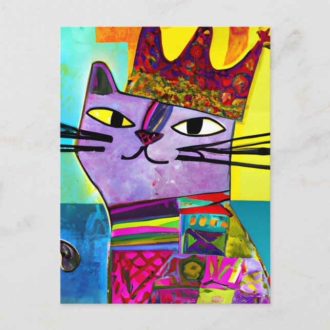 Lila Katze in einer Crown Mixed Media Collage Postkarte (Vorderseite)