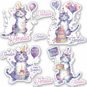 Lila Katzen Happy Birthday Personalisiert Aufkleber