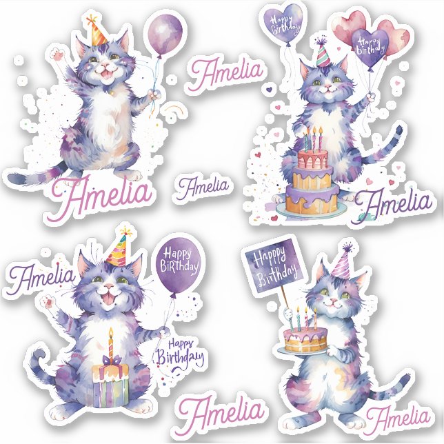 Lila Katzen Happy Birthday Personalisiert Aufkleber (Vorderseite)