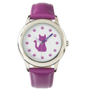 Lila Katzen-Silhouette mit Pfoten als Zahlen Armbanduhr