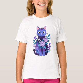 Lila Katzen- und Rosenillustration mit floralem Mu T-Shirt