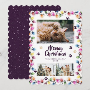 Lila Katzenpfoten Weihnachtslichter Foto Meowy Feiertagskarte