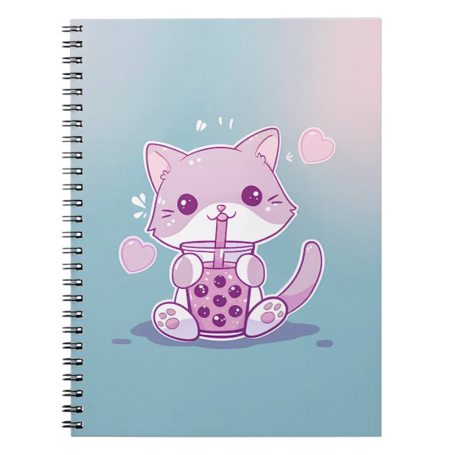 Lila Kawaii Katze trinken Boba Tee Note Book Notizblock (Vorderseite)