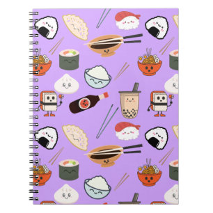 Lila Kawaii Ramen und Sushi Friends Notebook Notizblock