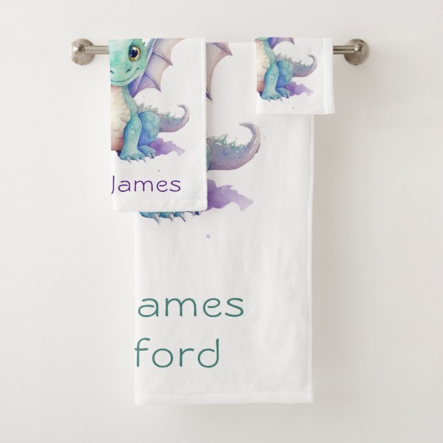 Lila Kindergeburtstag für den grünen Drachen Badhandtuch Set (Insitu)