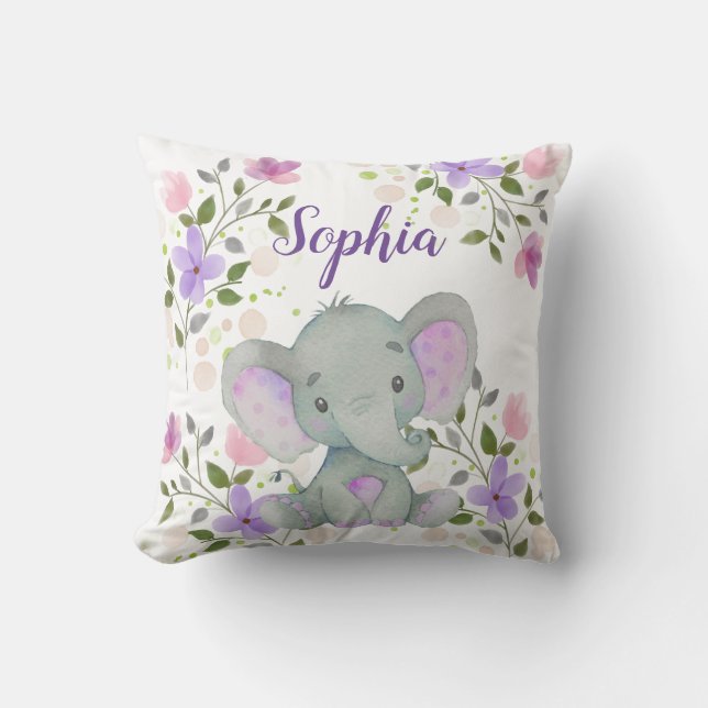 Lila Kinderzimmer Wasserfarben Flora Elefant Girl Kissen (Vorderseite)
