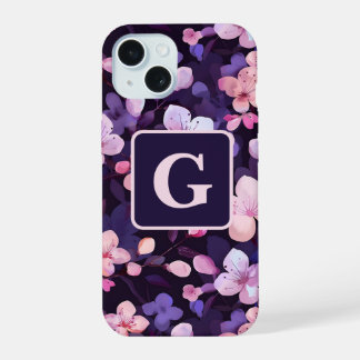Lila Kirschblüten personalisierte Monogramm iPhone 15 Hülle