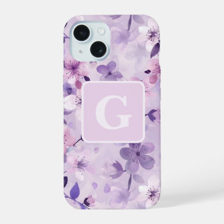 Lila Kirschblüten personalisierte Monogramm iPhone 15 Hülle