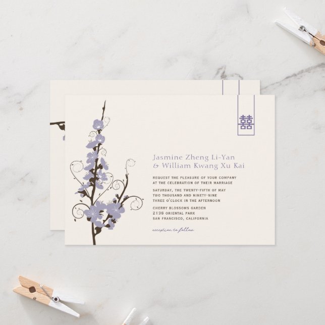 Lila Kirschblüten Sakura Wirbel Asiatische Hochzei Einladung (Vorderseite/Rückseite Beispiel)