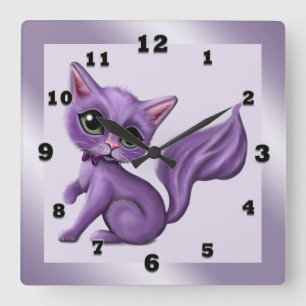 Lila Kitty-Quadrat-Wand-Uhr Quadratische Wanduhr