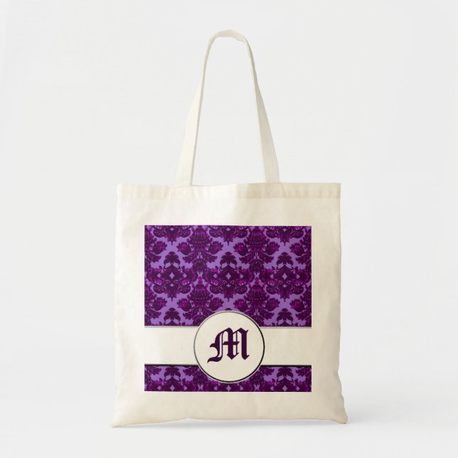 Lila klassischer Damast (Monogramm) Tragetasche (Vorne)