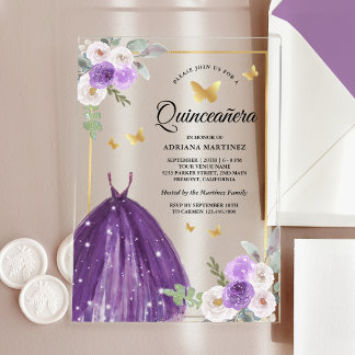 Lila Kleid Floral Butterfly Gold Quinceanera Acryleinladungen