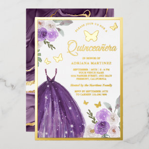 Lila Kleid Floral Butterfly Quinceanera Gold Folieneinladung