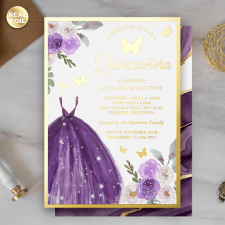 Lila Kleid Floral Butterfly Quinceanera Gold Folieneinladung