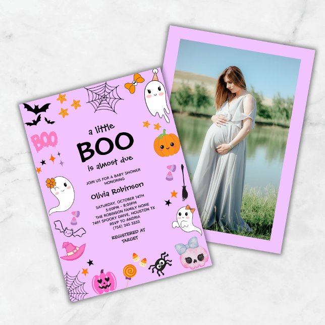 Lila kleine Boo Niedliche Halloween-Kinderdusche Einladung (Purple A Little Boo is Almost Due Cute Ghost Halloween Baby Shower Invitation  )
