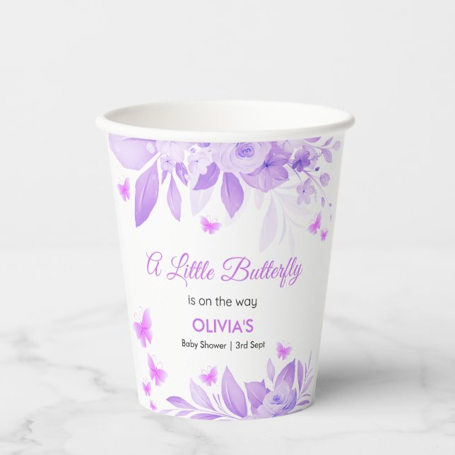 Lila kleiner Schmetterling ist auf dem Weg Baby Du Pappbecher (Vorderseite)