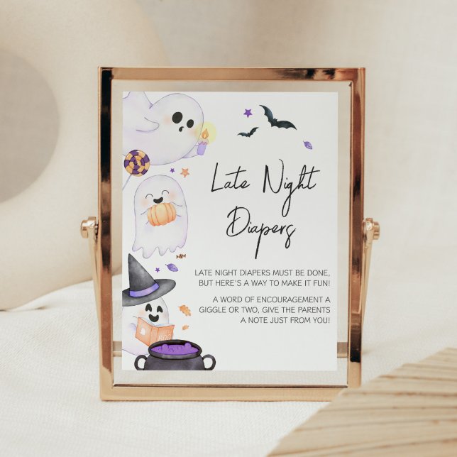 Lila kleines Boo Halloween Spätabenteuer Poster (Purple Little Boo Baby Shower Late Night Diapers Sign)
