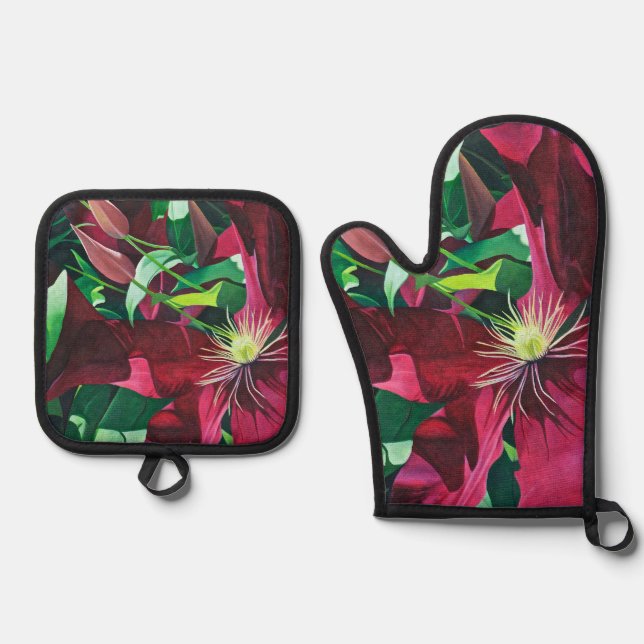 Lila Klematisieren Ofenhandschuh & Topflappen-Set (Vorderseite)