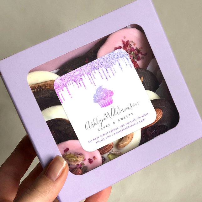 Lila Konditorei Konditorei Koch Glitzer Tropfen Quadratischer Aufkleber (Von Creator hochgeladen)