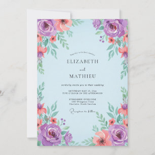 Lila Korallen-Ranunculus Graue Eukalyptus-Hochzeit Einladung