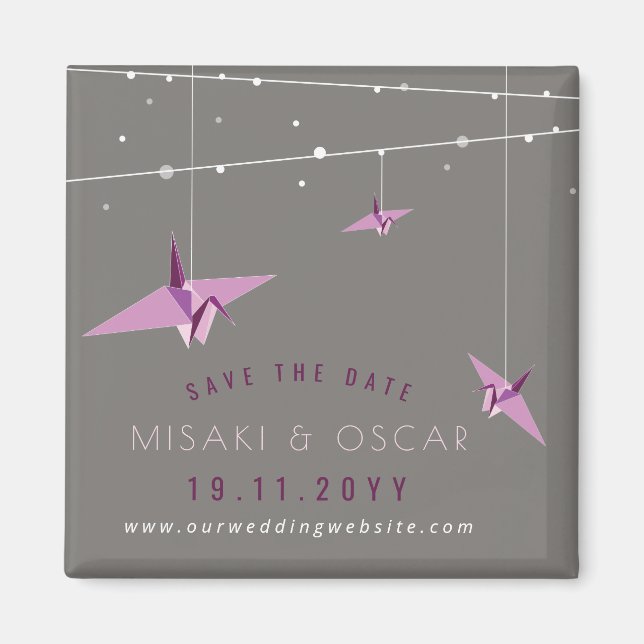 Lila Krane und Leuchtenlampen Save the Date Magnet (Vorne)