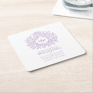 Lila Kreisblätter zeichnend Monogramm-Hochzeit Rechteckiger Pappuntersetzer