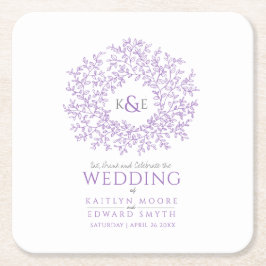 Lila Kreisblätter zeichnend Monogramm-Hochzeit Rechteckiger Pappuntersetzer