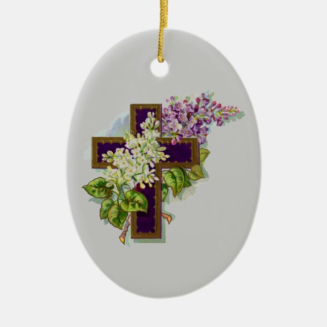 Lila Kreuz mit Blumen Keramik Ornament (Vorne)