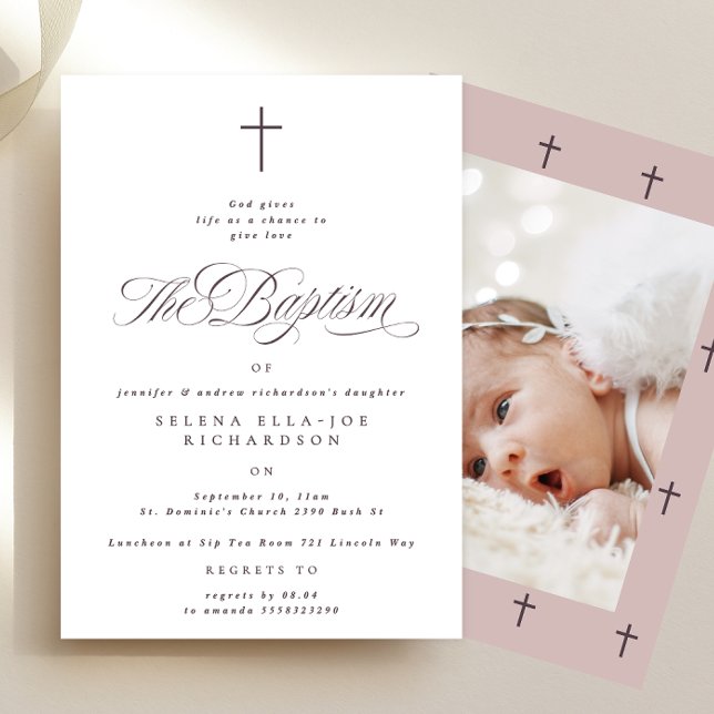 Lila Kreuzkalligrafie Taupe Foto Taufe Einladung (Von Creator hochgeladen)