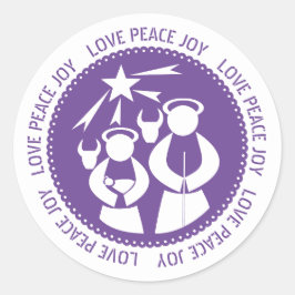 Lila Krippe Liebe, Frieden, Weihnachten Runder Aufkleber